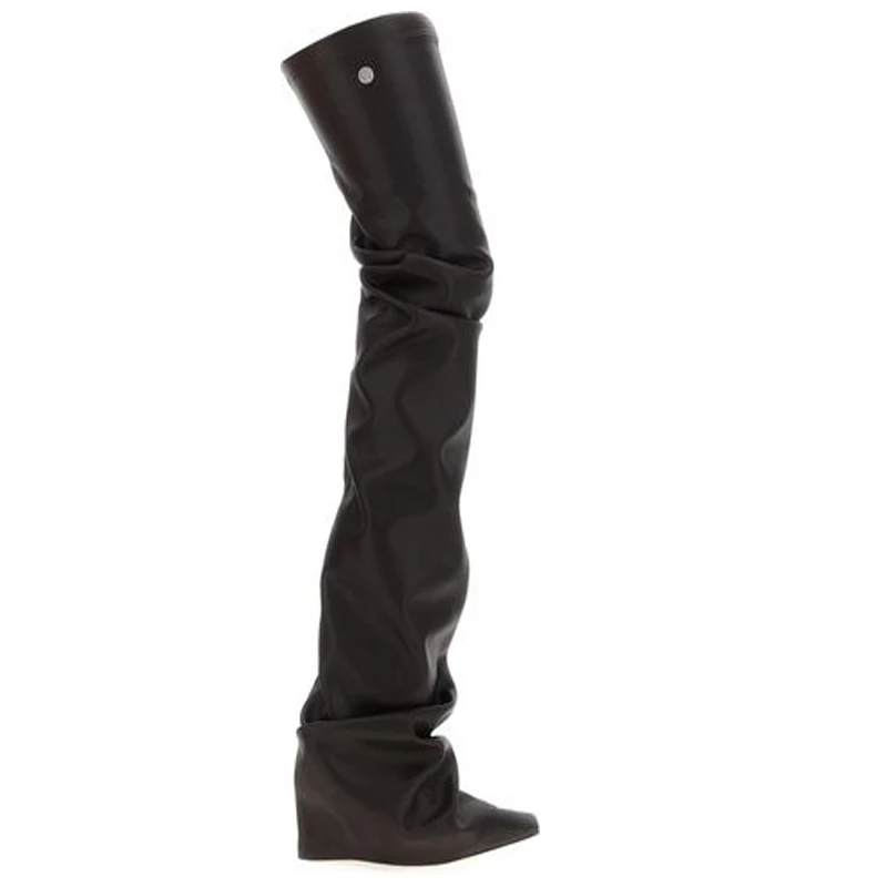 

Black Square-Toe Wedge Pleated Slip-On Over-The-Knee Boots Woman Winter 2026 Pull On High Heel Thigh Boots Stylish Footwear