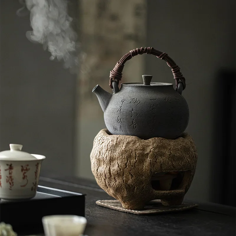 Chinese retro handmade wood fired teapot with lifting beam, tea maker, charcoal stove, boiling water kettle
