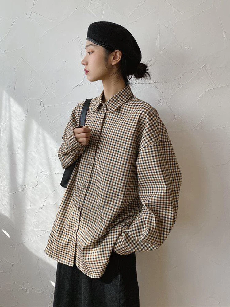 Jmprs Vintage Plaid Shirt Women Elegant Preppy Style Simple Blouse Korean Loose Long Sleeve Sweet Female Retro Harajuku Tops New