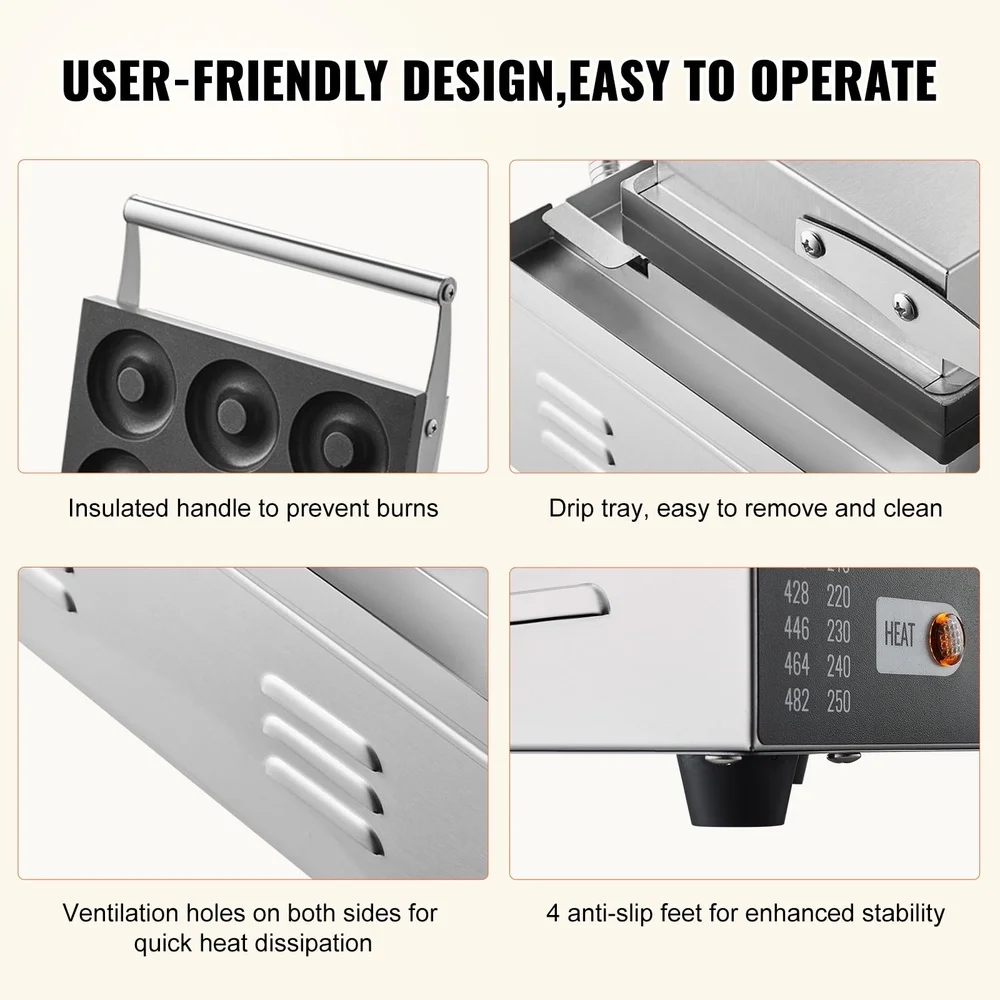 Электрическая машина для приготовления пончиков, 1550 Вт, коммерческая машина с антипригарным покрытием и 6 отверстиями, двухсторонний таймер нагрева, контроль температуры, прочная нержавеющая сталь
