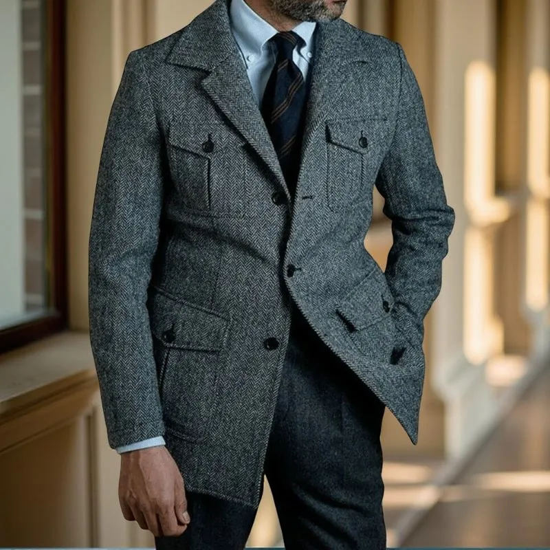 

Chinese Style Wool Men Suits Slim Fit Single Breasted Tweed Male Fashion Suit Jacket with Pockets 2 Pieces Custom Made Costume