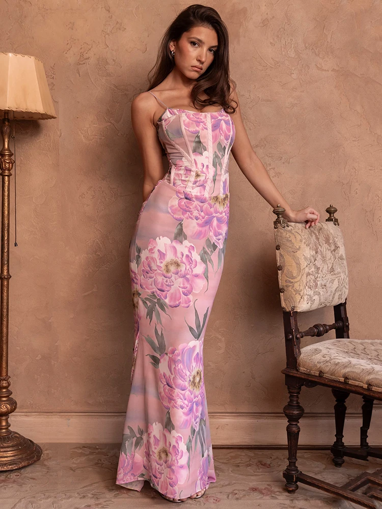 

Pink Floral Sexy Maxi Dress Women Summer Fashion Gown Spaghetti Strap Sleeveless Robe Elegant Evening Club Party Long Dress 2025