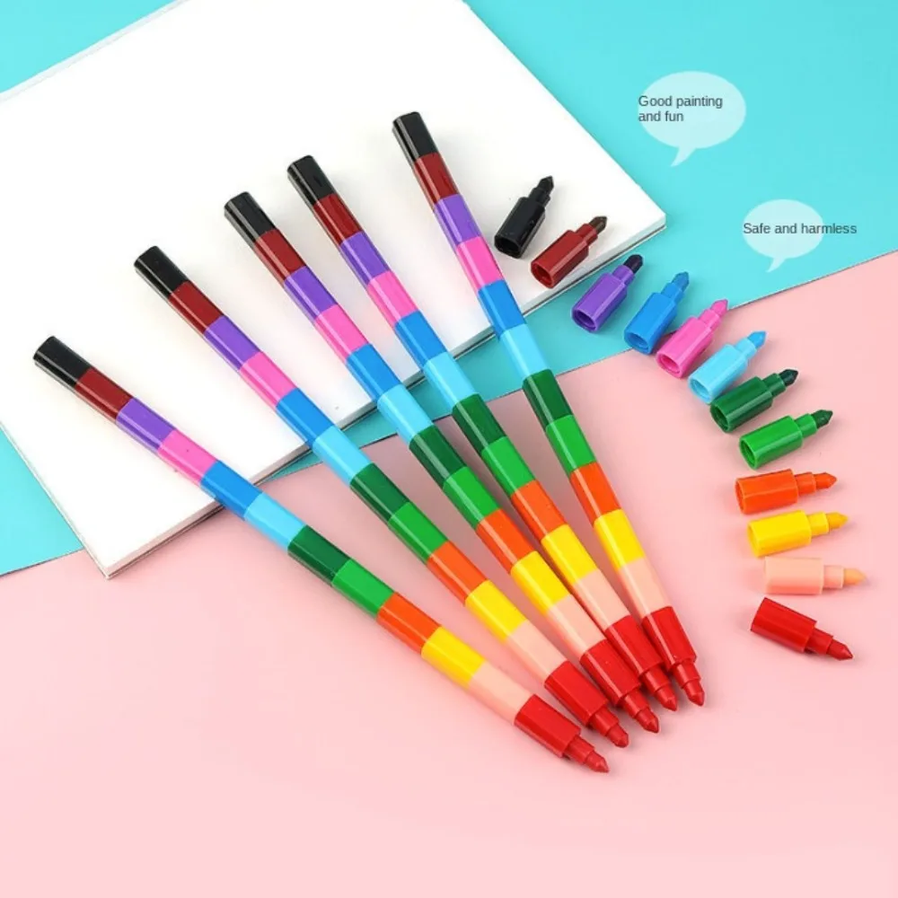 10pcs/set Drawing Pen Creative Blocks Crayons Replaceable Stationery Mini Finger Crayon Pens Rainbow Stackable