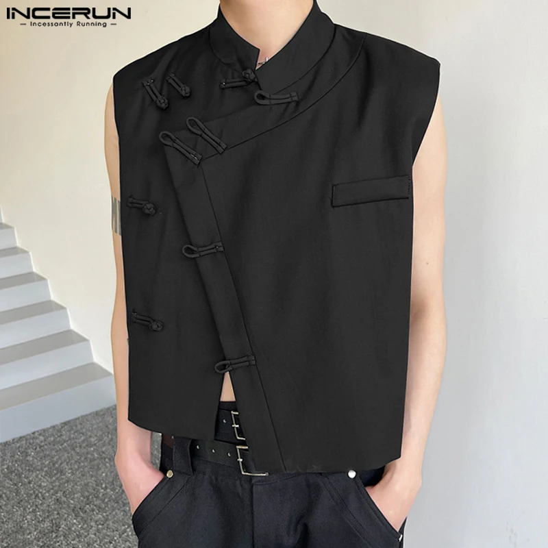 INCERUN Men Tank Tops Solid Color Stand Collar Sleeveless Button Vintage Men Clothing Streetwear 2024 Retro Casual Male Vests