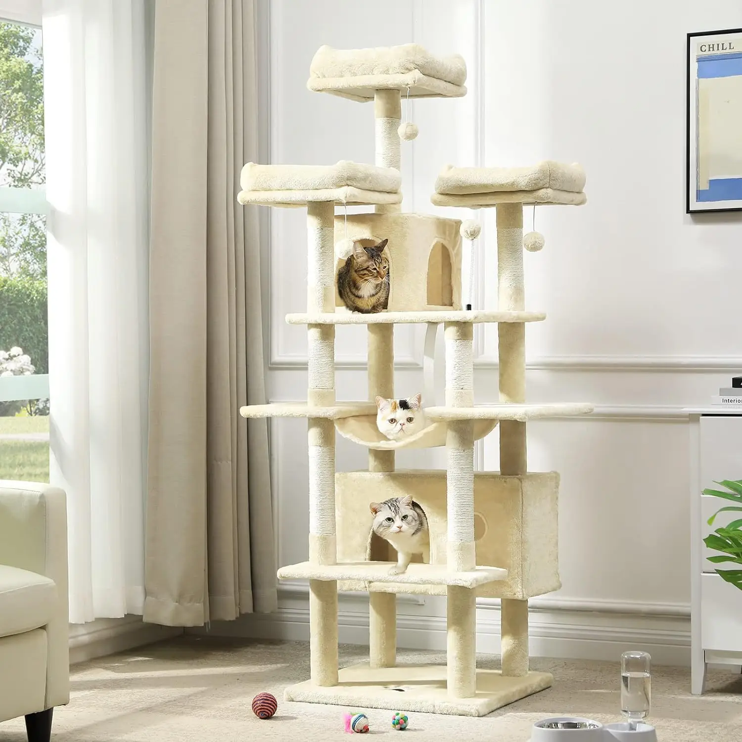 

Large Cat Tree, Multi-Level Cat Tower with Plush Condos, Scratching Posts, Stable Activity Center with Pedals/Hammock/Spring