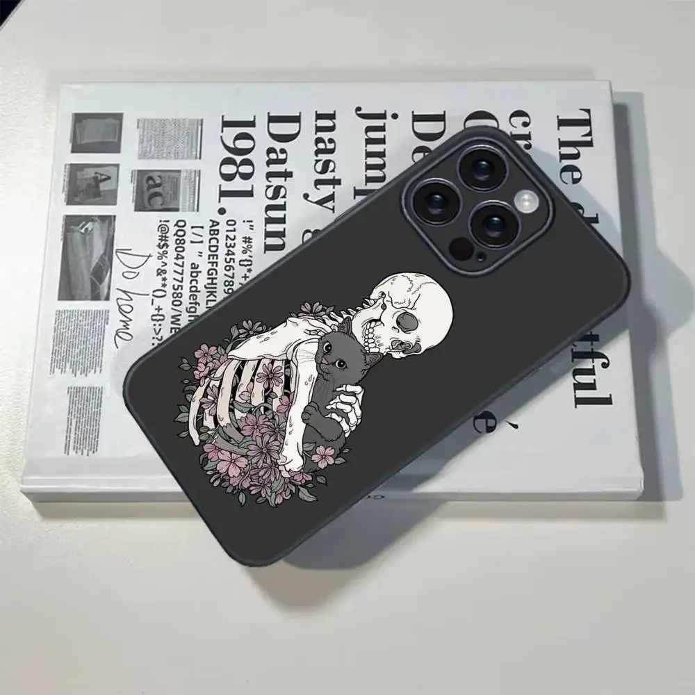 Чехол для телефона со скелетом и котом на Хэллоуин для iPhone 16, 15, 14, 13, 12, 17 PRO MAX PLUS, мини-ТПУ, мягкий, приятный для кожи чехол