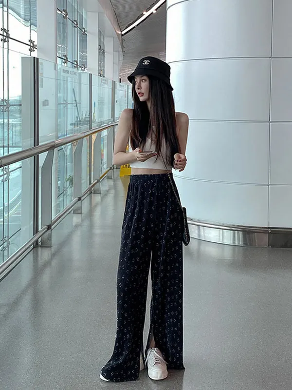 

Летние новые женские брюки больших размеров: свободные, широкие, плиссированные, с принтом, тонкие, с высокой талией, струящиеся, повседневные, длинные, модные