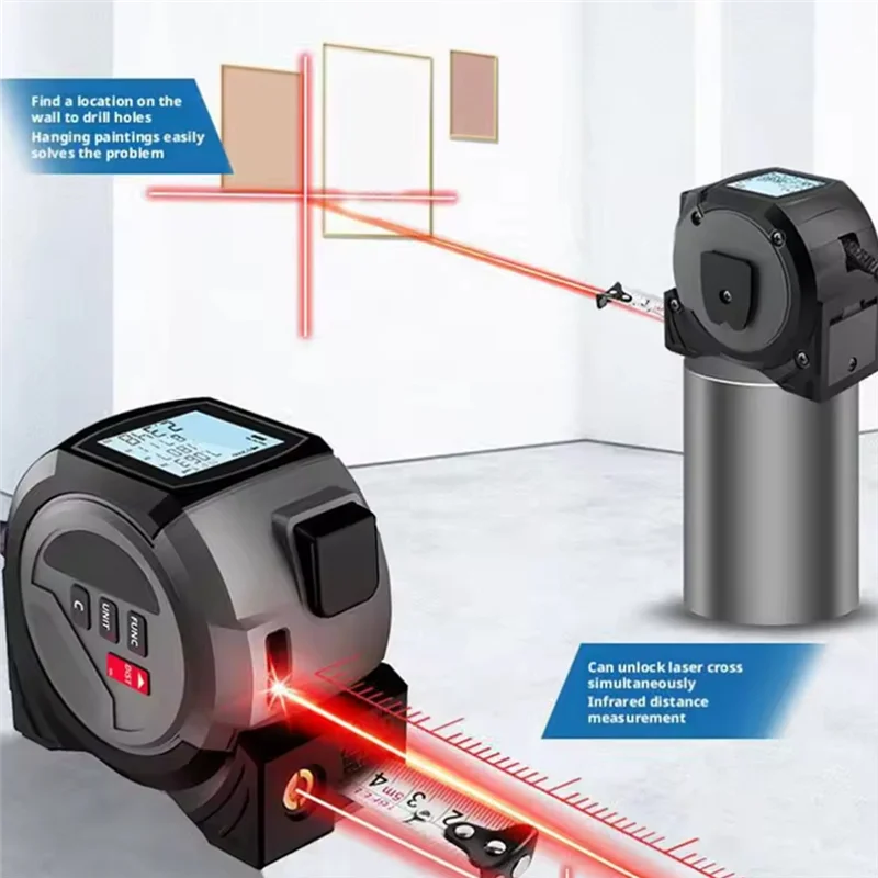 A88E-Pengukur Jarak Laser Inframerah dengan Penggaris Pita Pengukur - Layar LCD Digital, Alat Akurasi Tinggi 3-In-1