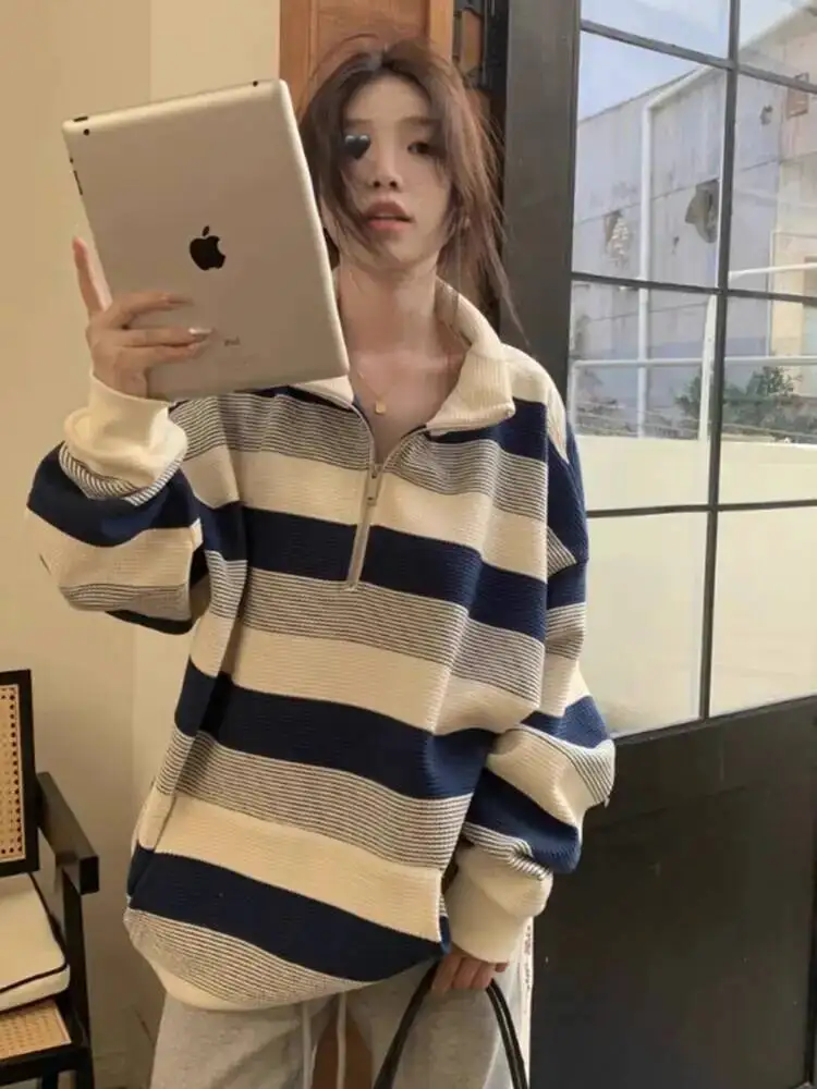 المرأة سويتر مقلم 2025 الخريف المرأة Preppy البلوز بياقة نصف البريدي فضفاض حجم كبير سترة طالب صغيرتي ودية