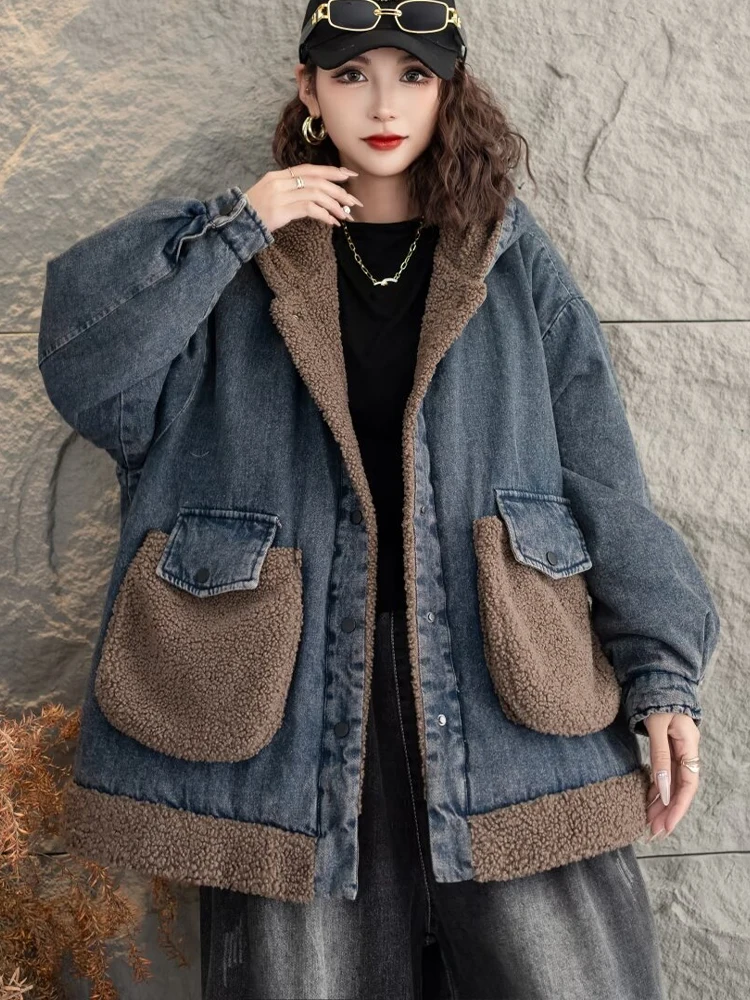 Max LuLu Winter Fashion Padded Coats Womens Loose Hooded Fur Denim Jackets Ladies Leisure Vintage Warm Big Size Thicken Parkas