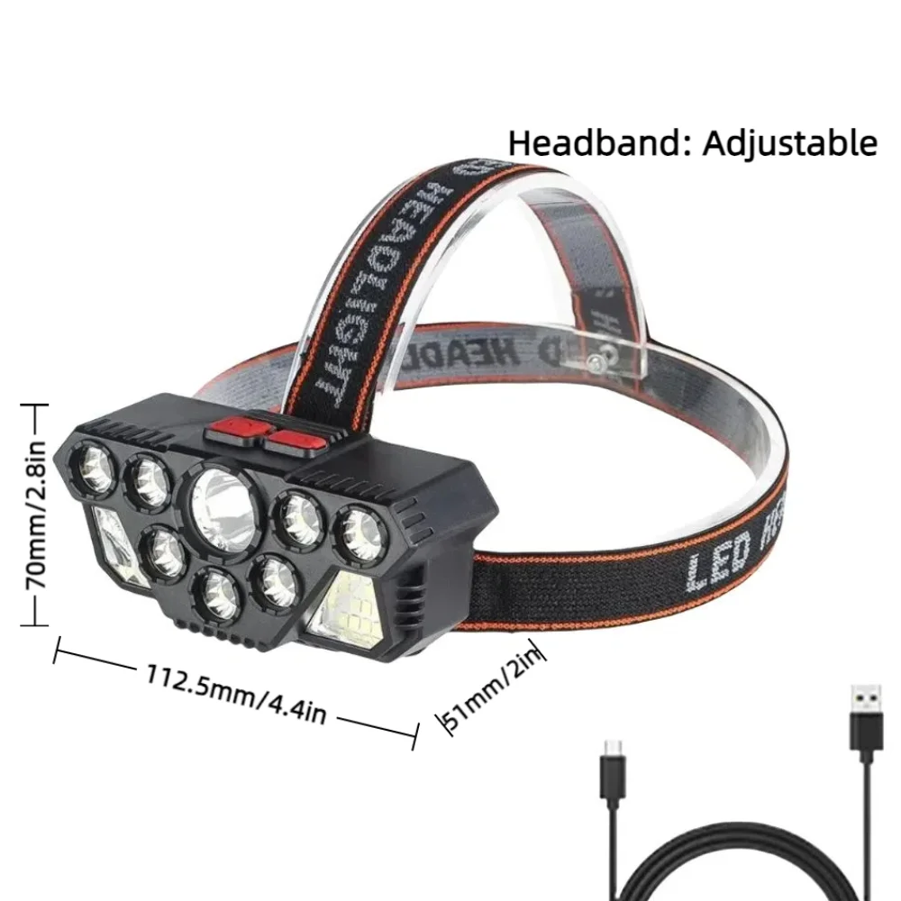 8 Safety Lights Head Light Mode Switchable Multi-Angle Adjustment LED Headlamp Rechargeable Strong Light Night Fishing Headlight