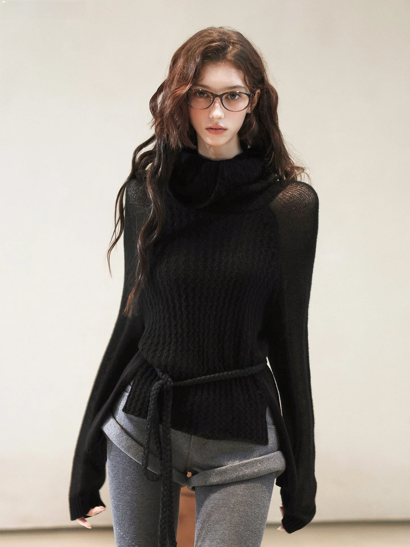 

BulletNini Slimming See-tough Mohair Knitted T Top Women Loose Lazy Sle Wool Sweater High Collar Long Sve Warmth