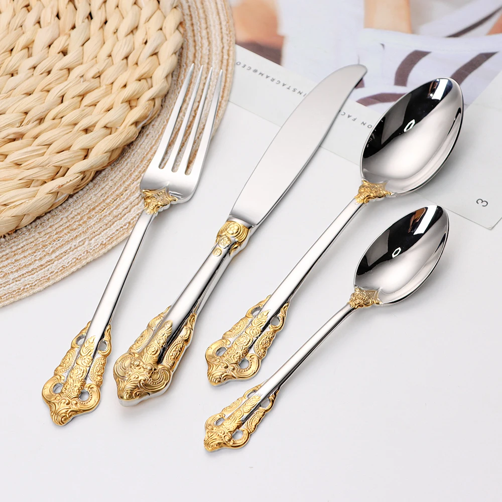 24 Pieces Luxury PVD Silverware Rose Gold Color Metal Cutlery 18/10 Stainless Steel Black Flatware Set For Home Wedding Hotel