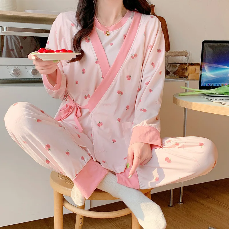 

3 шт., пижамный комплект для беременных и кормящих мам, хлопковая ночная рубашка с принтом для грудного вскармливания, домашняя одежда, одежда для сна для весенне-осенней моды