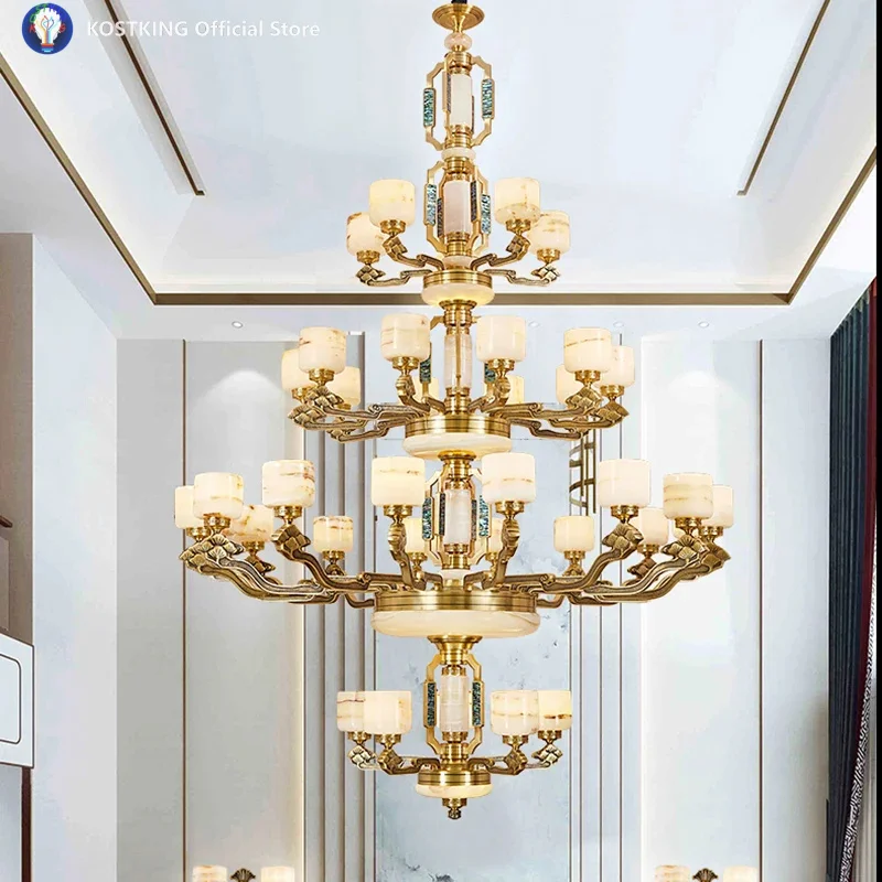 

All Copper New Chinese Chandelier Natural Jade Living Room Light China Wind Villa Hotel Restaurant Light Atmospheric Tea Room