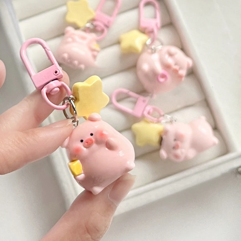 Três dimensões rosa porco chaveiro pingente, animais fofos estrela fivela, Little Pig Model Key Ring, presentes das crianças