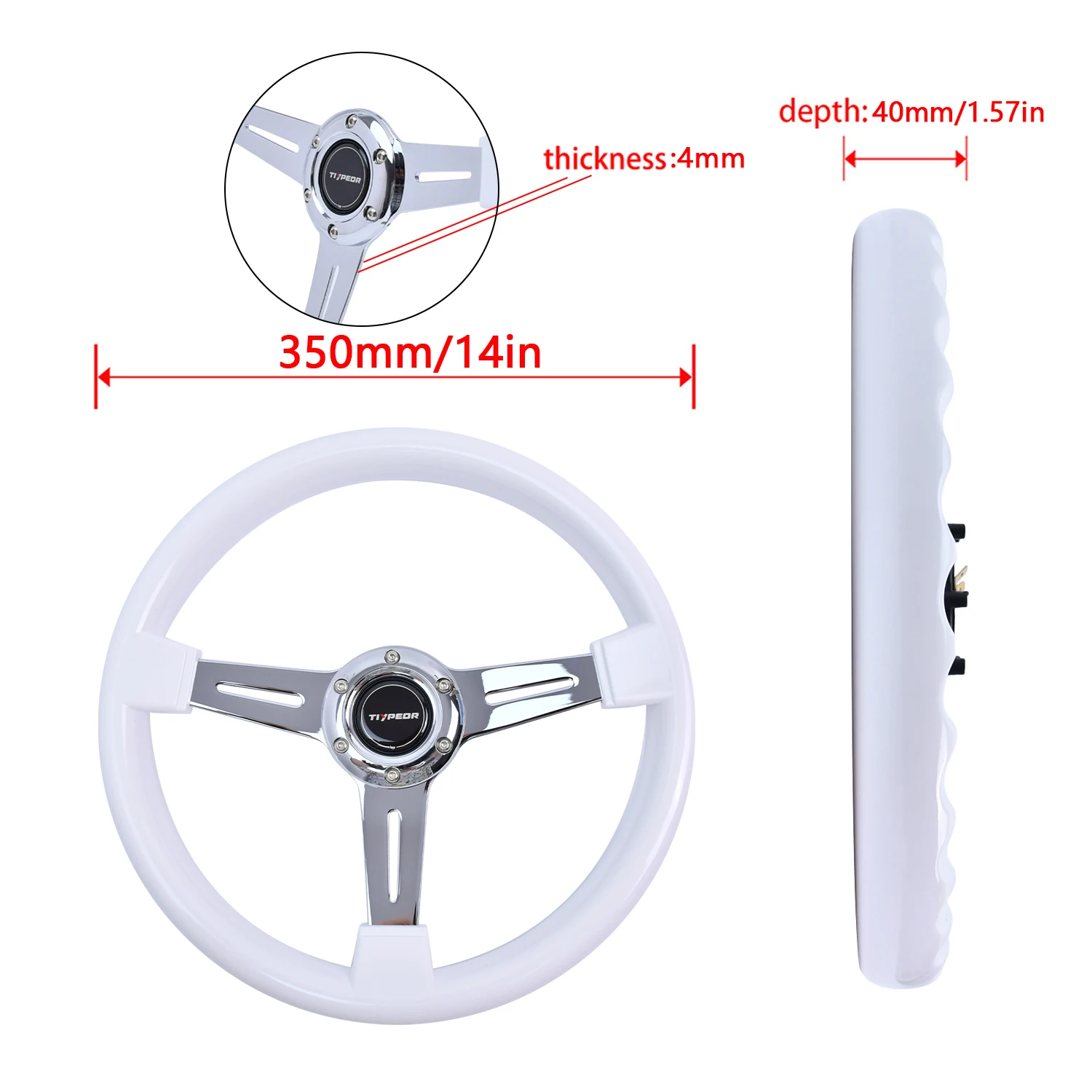 TIYPEOR 14 Inch Long Hole Abs White Retro Car Steering Wheel Plated Iron Steering Wheel