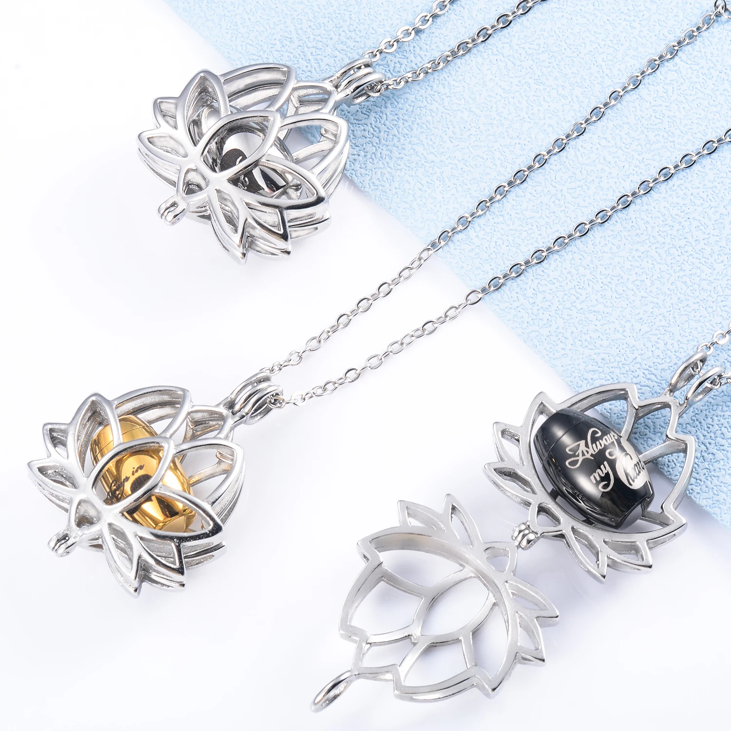 Memorial Pet's Kinsfolk's Ashes สแตนเลส Lotus Flower จี้ขวดน้ําหอมงานศพสร้อยคออุปกรณ์เสริม 50 ซม.