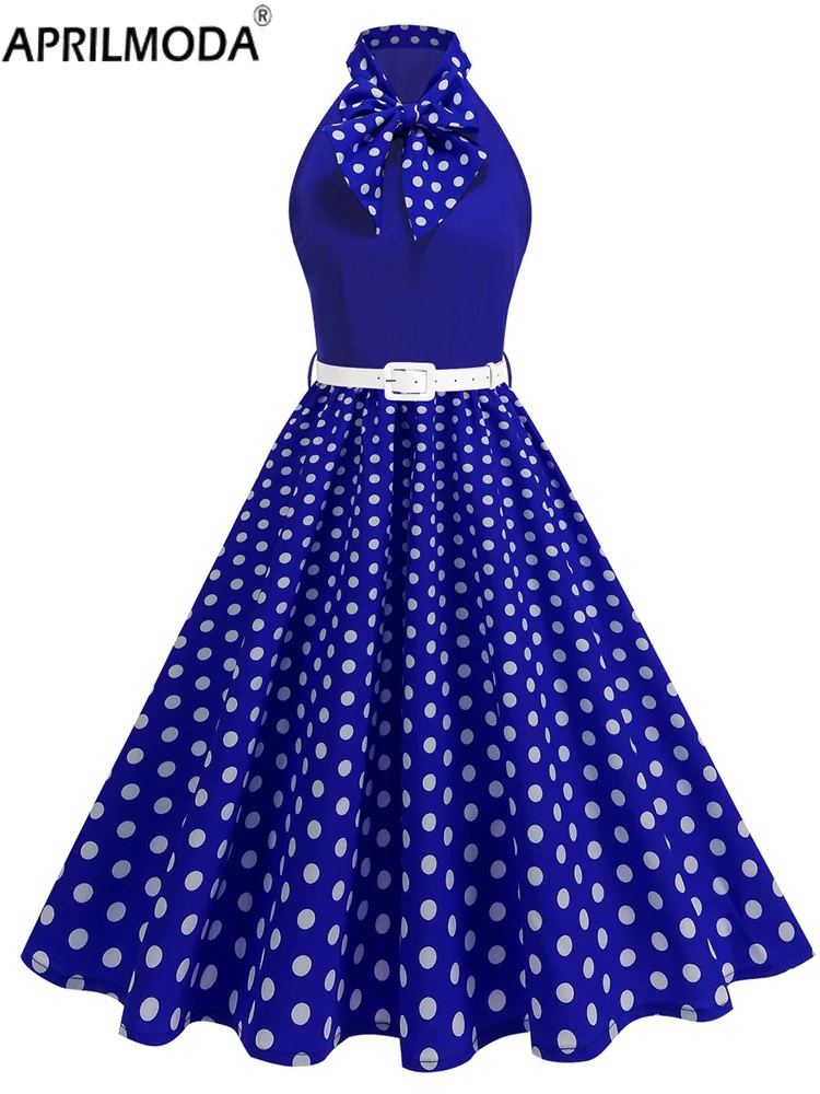 가을 봄 빈티지 패치워크 빅 스윙 A라인 캐주얼 드레스 50년대 슬리브리스 홀터 폴카 도트 프린트 보우 넥 오피스 파티 드레스