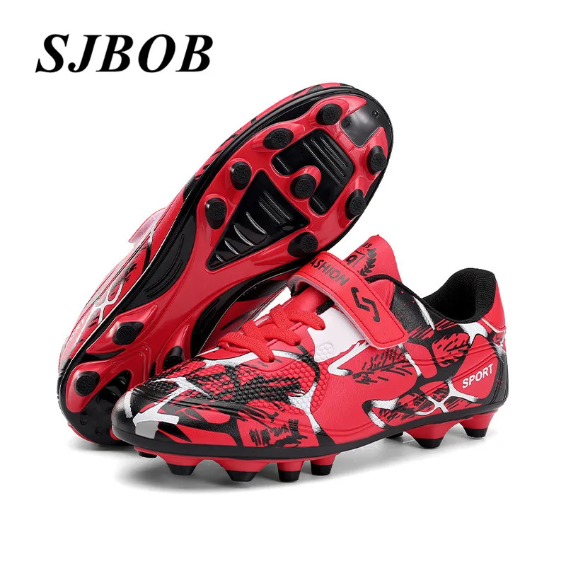 

Cheap Red Children Football Boots Hook Loop Leather FG Boy Soccer Shoes Light Anti-Slip futsal soccer shoes Unisex tenis hombres