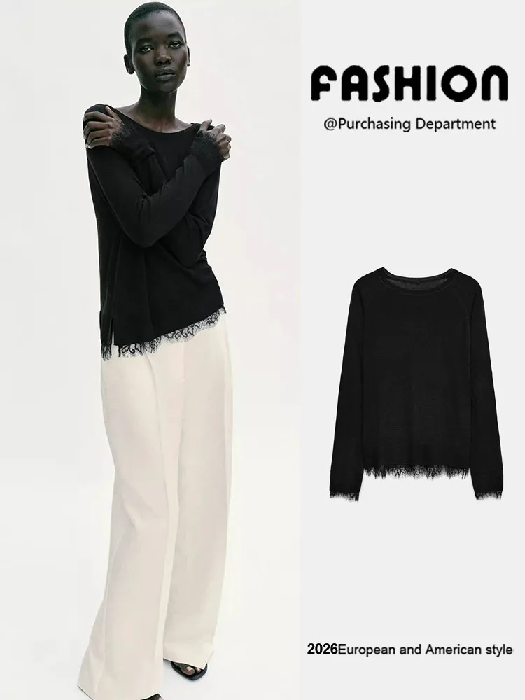 

Spring New Arrival Women's Knitted Lace Long Sleeve round Neck Slimming Top Simple Versatile Basic Style European Fashion