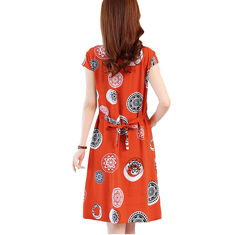 New Hot 2024 Casual Vintage Summer Dress For Women Print Flowers Short Sleeve O-neck Printing Elegant Dresses Women Clothing