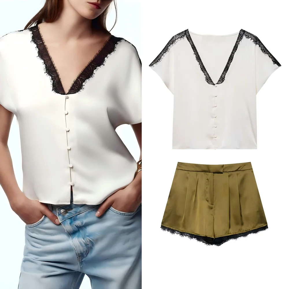 

Women's new fashion lace decoration short sleeved satin texture shirt retro V-neck buckle women's shirt chic top+Shorts suit