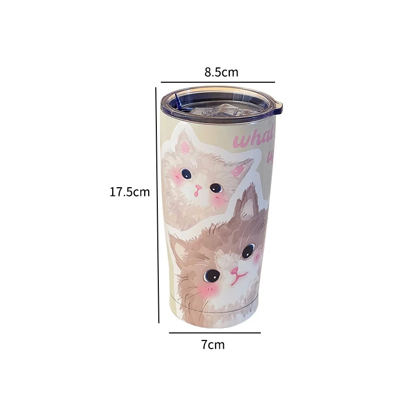 Kawaii Cat Thermos Cups Tumbler For Hot Cold Coffee Tea Cute 550ml Sainless Steel With Straw Insulated Thermal Cup Water Bottle