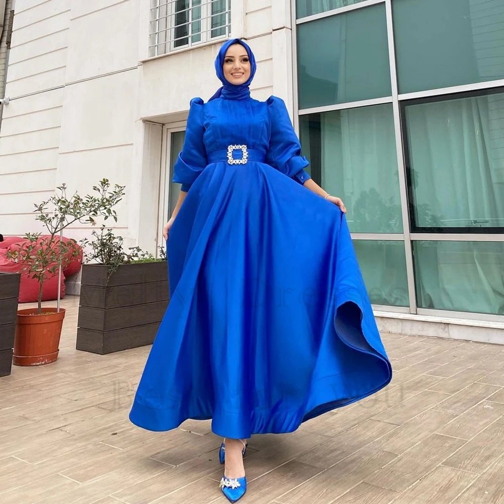 Exquisite Royal Blue Three Quarter Muslin Evening Dresses for Women 2024 Summer New Satin Prom Gowns with Belt Robe De Soirée