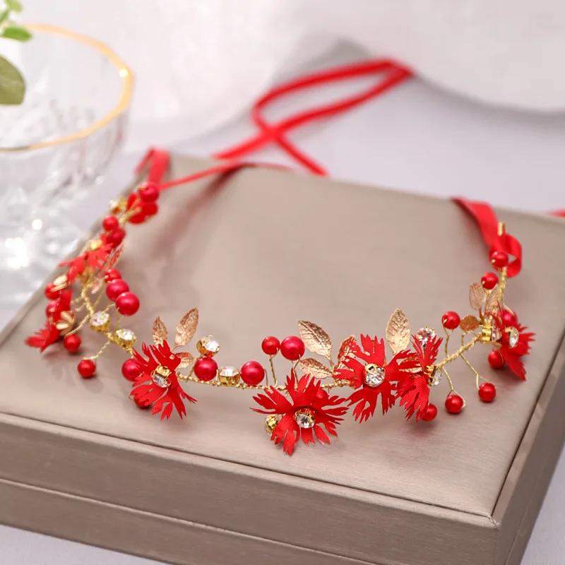 1Pc Red Pearl Crystal Women Hair Combs Headdress Bride Tiaras Headpiece Hair Jewelry Wedding Bridal Hair Accessories FORSEVEN