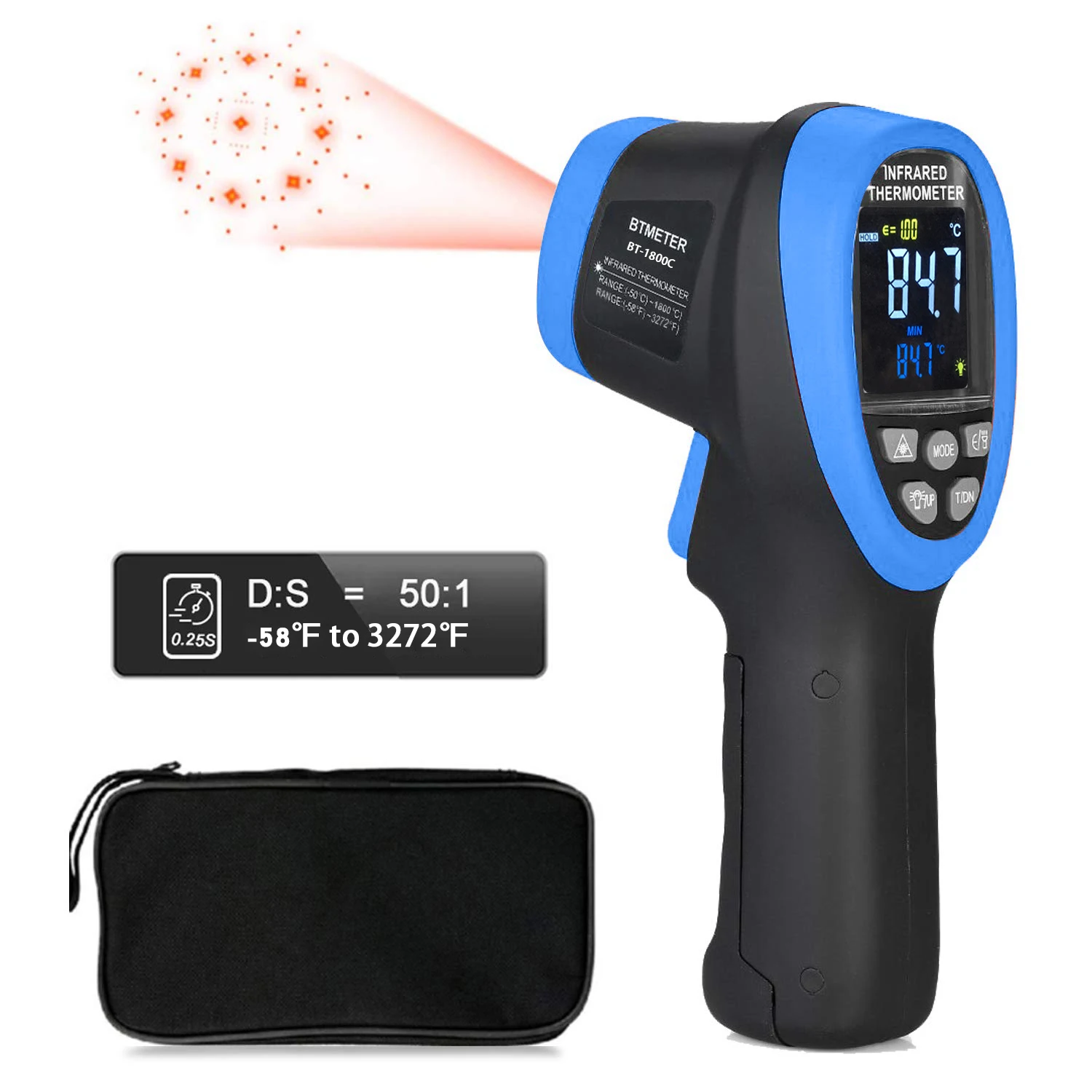 

HP-1800C Digital Infrared Thermometer, D:S 50:1 Touchless Pyrometer Temperature Range -58~3,272°F, Handheld Laser IR Temp Gun