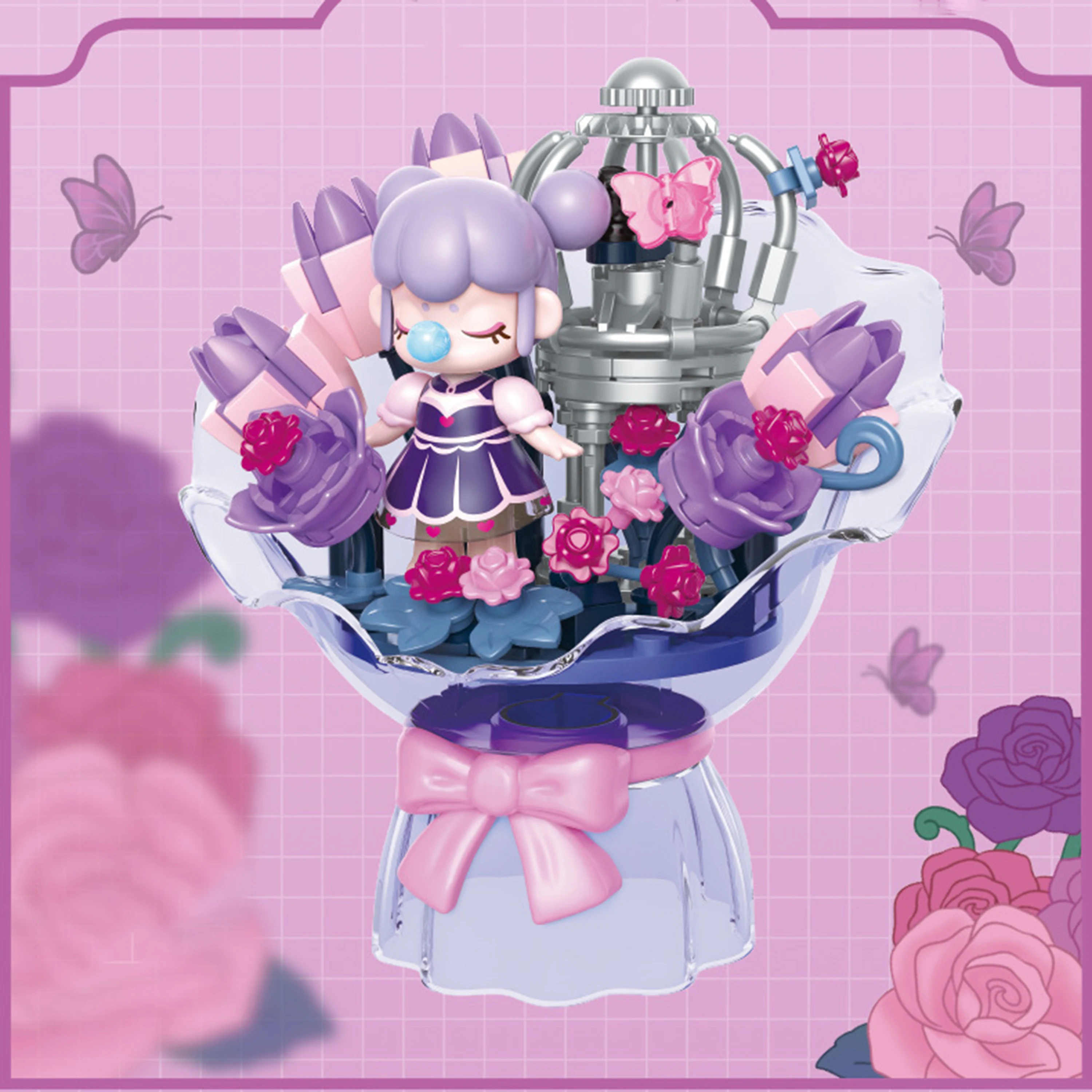 Klocki konstrukcyjne Nanci, bukiet kwiatów, fioletowa róża, klocki kwiatowe, kreatywny model do samodzielnego montażu, dekoracja na biurko, prezent dla dziewczynek