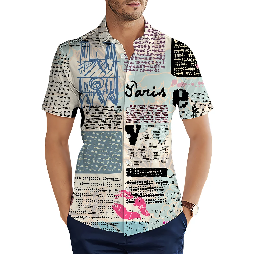 

CLOOCL Men Shirts Vintage Old Newspaper 3D All Over Print Shirts Summer Short Sleeve Single Breasted Lapel Men Shirts Casual Top