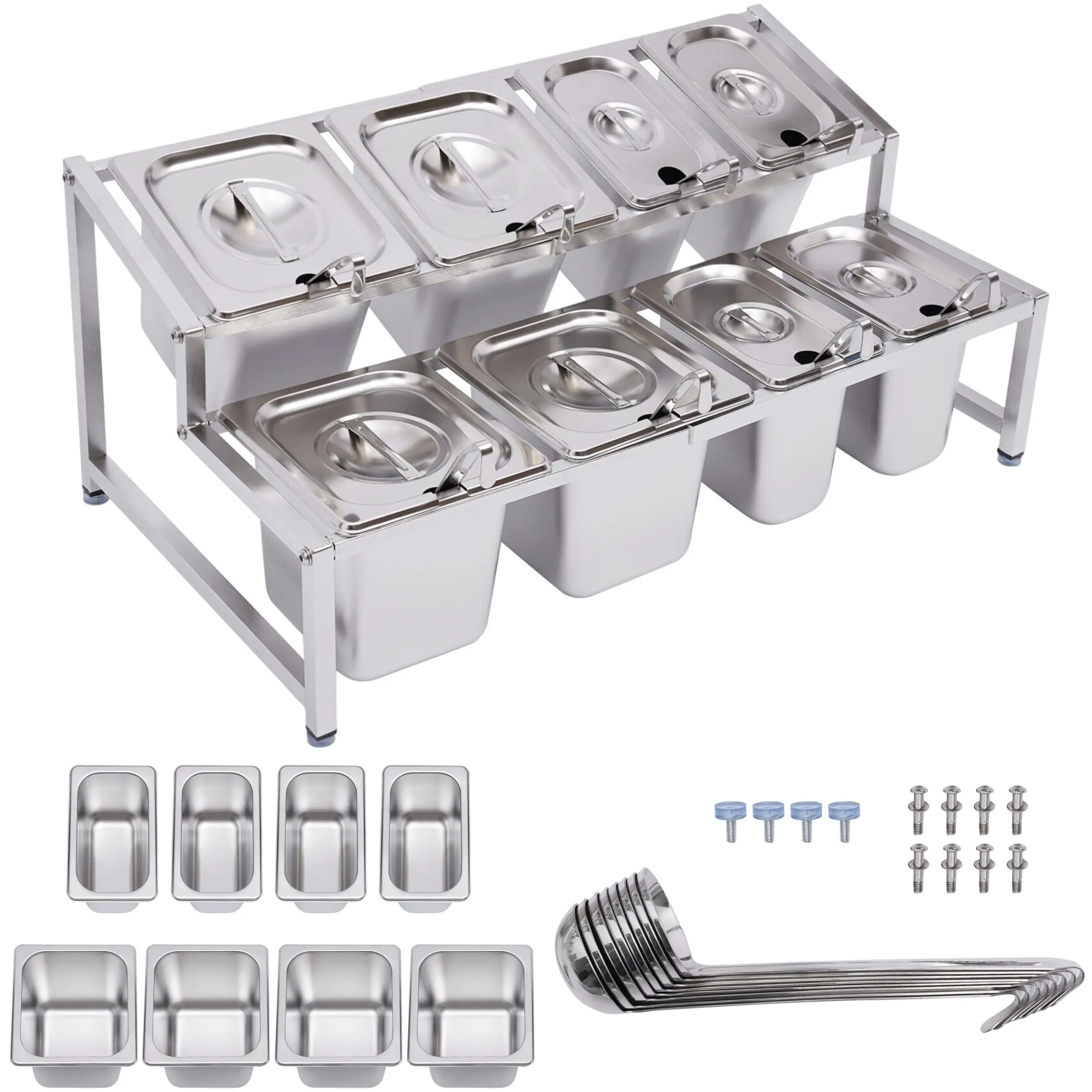 

23-in Telescoping Condiment Food Prep Station Center Self with 8 Pans, 8 Lids and 8* Spoons for Kitchen Bar Restaurants and Buff