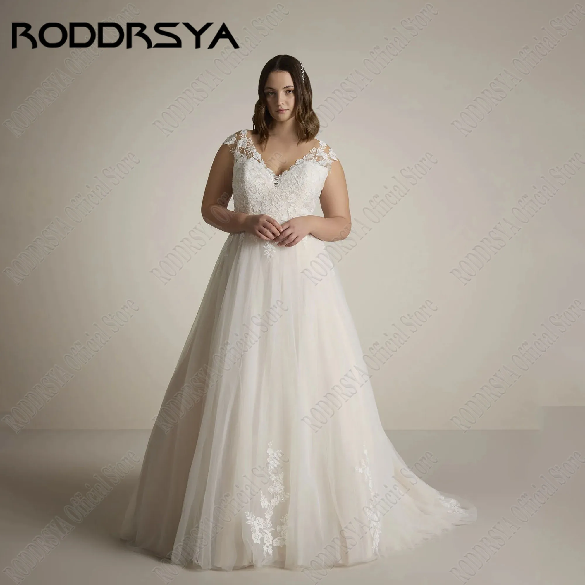 

RODDRSYA Elegant Backless Wedding Dress Women O Neck Cap Sleeves Applique A-Line Lace Bride Gowns Sweep Train Bridal Dressses