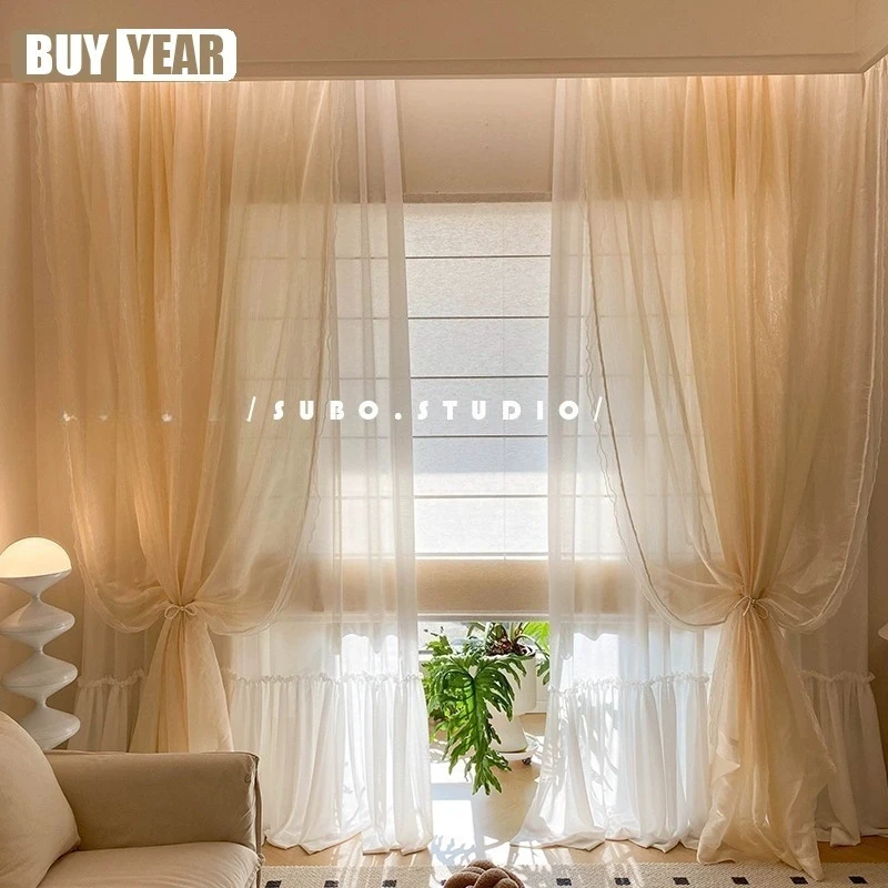 Custom Size Gold-threaded gauze, vintage pearl cocoa style, flowing and romantic.Curtains for Living dining room bedroom