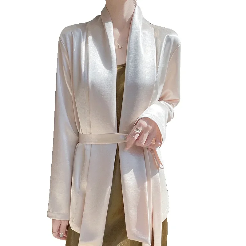 

Women's Satin Tie Waist Blouse Elegant Slim Fit Long Sleeve Shirt Top