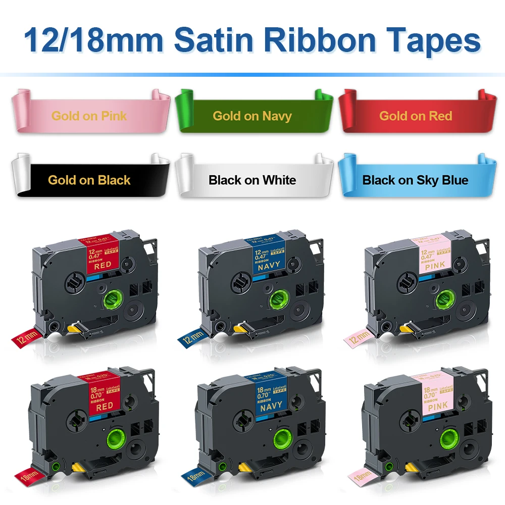 12/18mm Compatible Brother RE34 RN34 RW34 R234 R231 R531 RE31 RE44 RN44 RW44 Satin Ribbon Tapes for Brother P-touch Label Maker