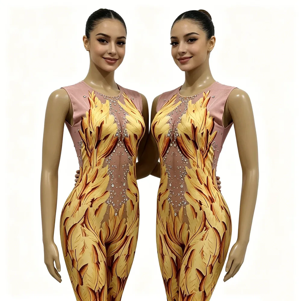

Women Printed Crystal Sleeveless Tight Jumpsuit Halloween Party Elastic Leotard Nightclub Bar Dancer Stage Performance Costume