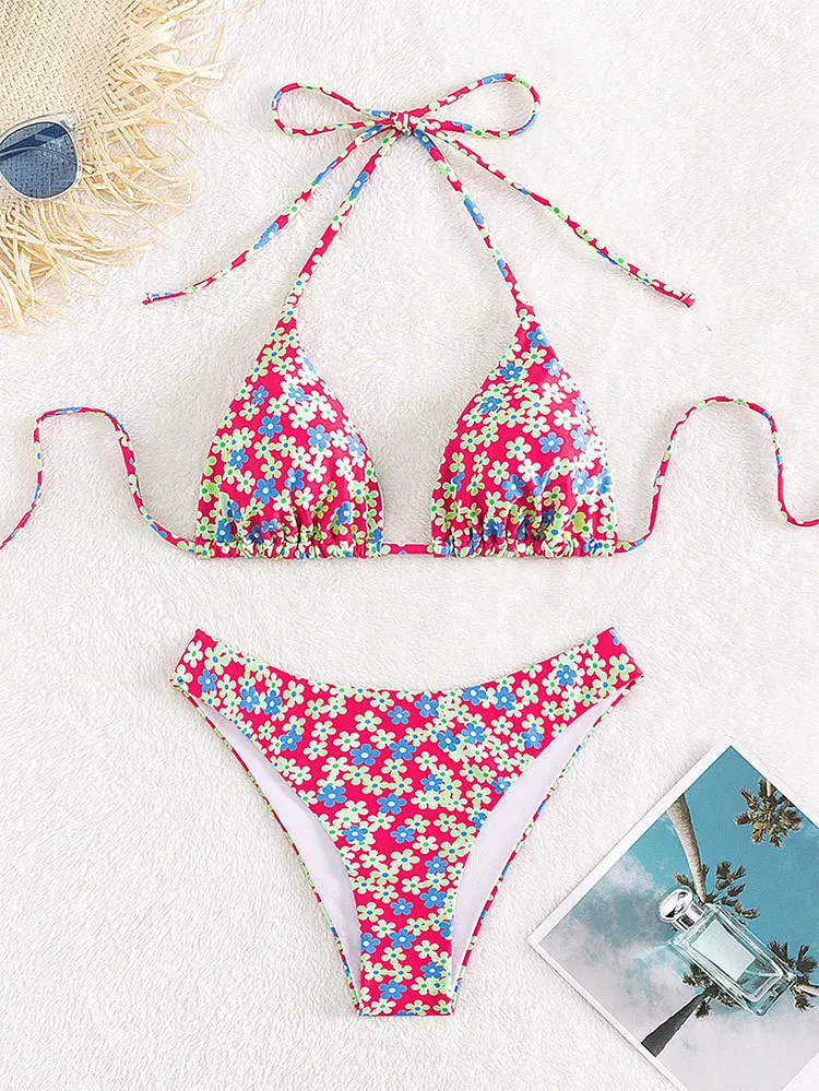 Mini bikini con scollo all'americana per donna Costume da bagno stampato floreale Abbigliamento da spiaggia estivo Costume da bagno con micro triangolo 2025