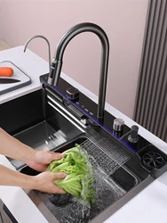 Integrated Waterfall Kitchen Sink Honeycomb Technology Large Digitial Display Stainless Steel Water Filter Cup Washer
