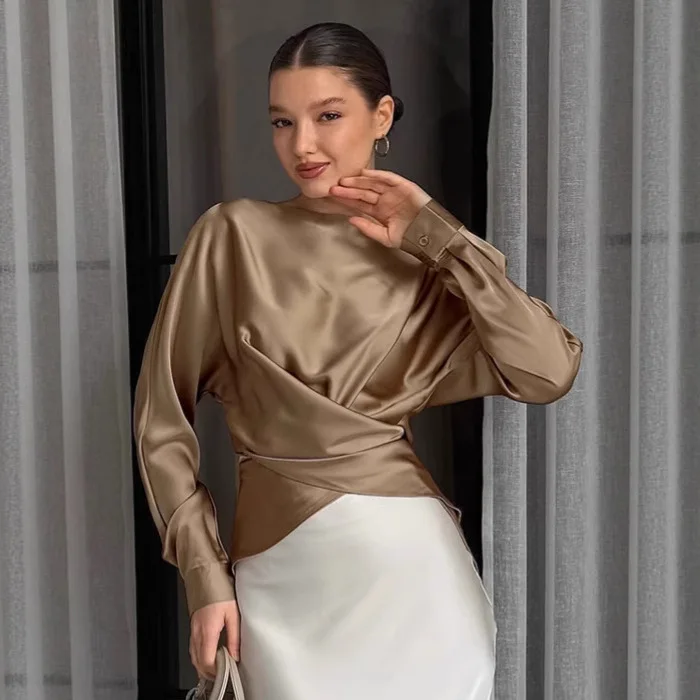 

New Women Solid Color Satin Sheen Long Sleeve Blouse O Neck Draped Waist Shirt Minimalist Style Spring Summer Office Ladies Top