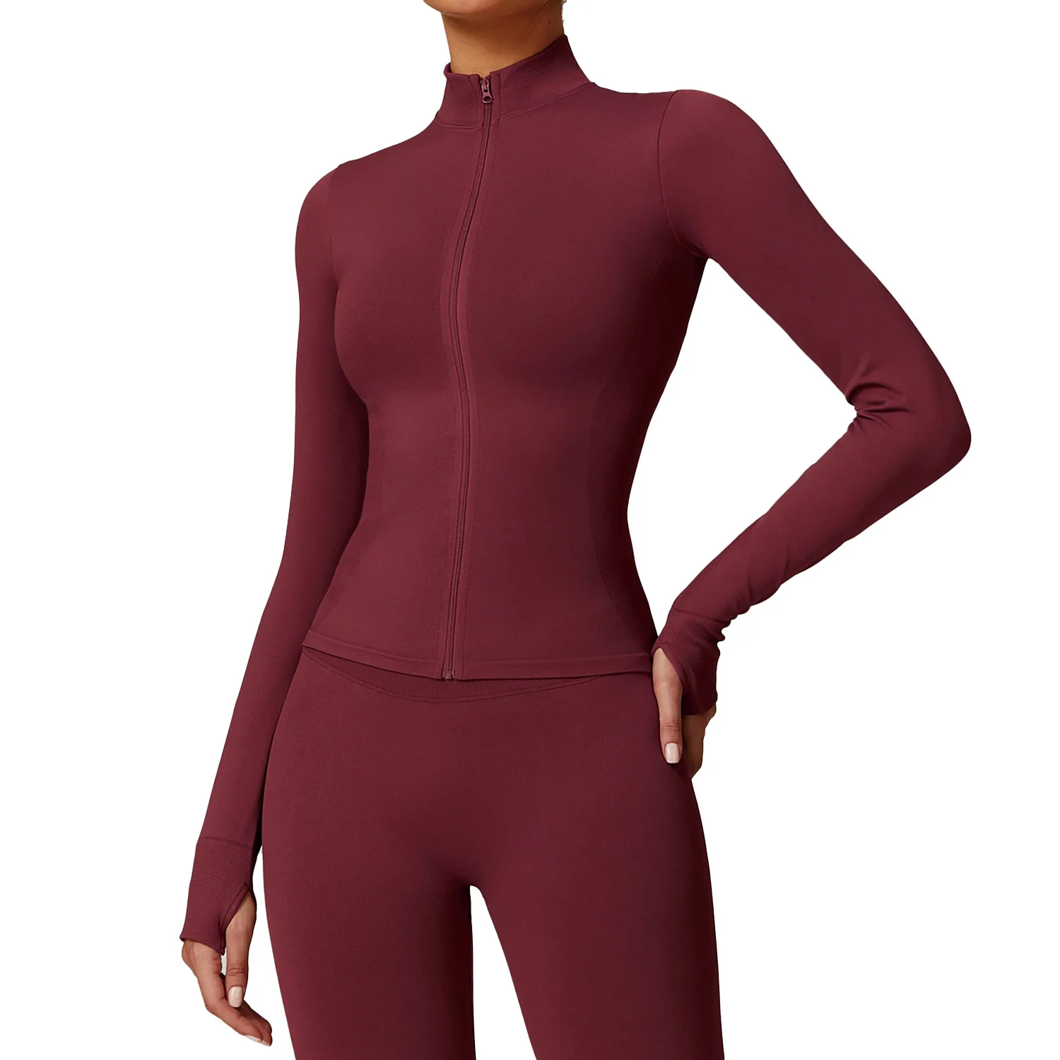 Women Long Sleeve Pro Slim Warm Up Dynamic Active Maroon Hoodie Loose Running Yoga Jacket For Athletic Girls