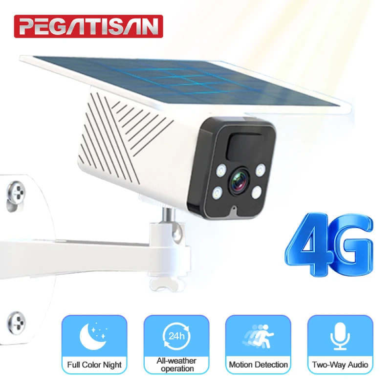 

PEGATISAH Солнечная 4G IP-камера Открытый 1080P Пулевидная камера видеонаблюдения PIR Сигнализация движения Цветная камера ночного видения UBOX APP