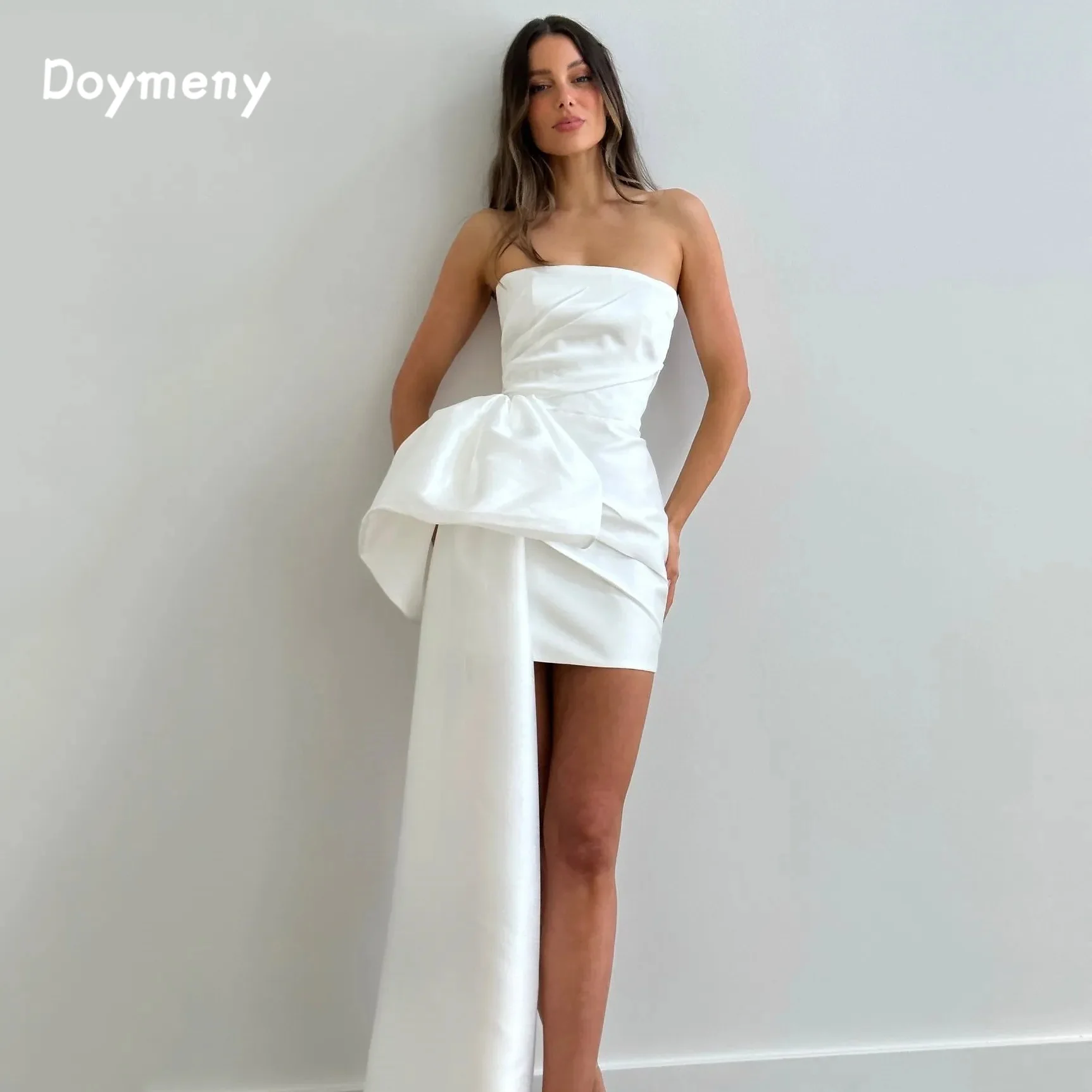 Doymeny Sheath Strapless Prom Dresses Detachable Satin Sash Sweep Formal Dress party dresses Cocktail Gowns