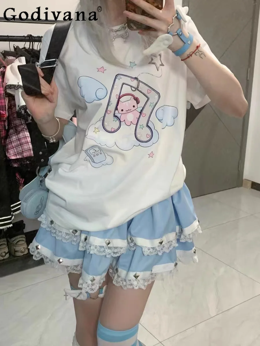 Japanese Girly Sweet Cute Cartoon Print Lolita Tees Summer New Fashion Lace Rivet Pleated Skirt Women Y2k Dress Two-Piece Set