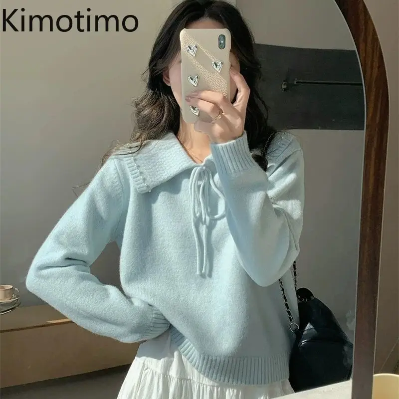 

Kimotimo, милые вязаные топы на шнуровке с лацканами, женские осенне-зимние нежные пуловеры с длинными рукавами, простой однотонный повседневный свитер, джемпер