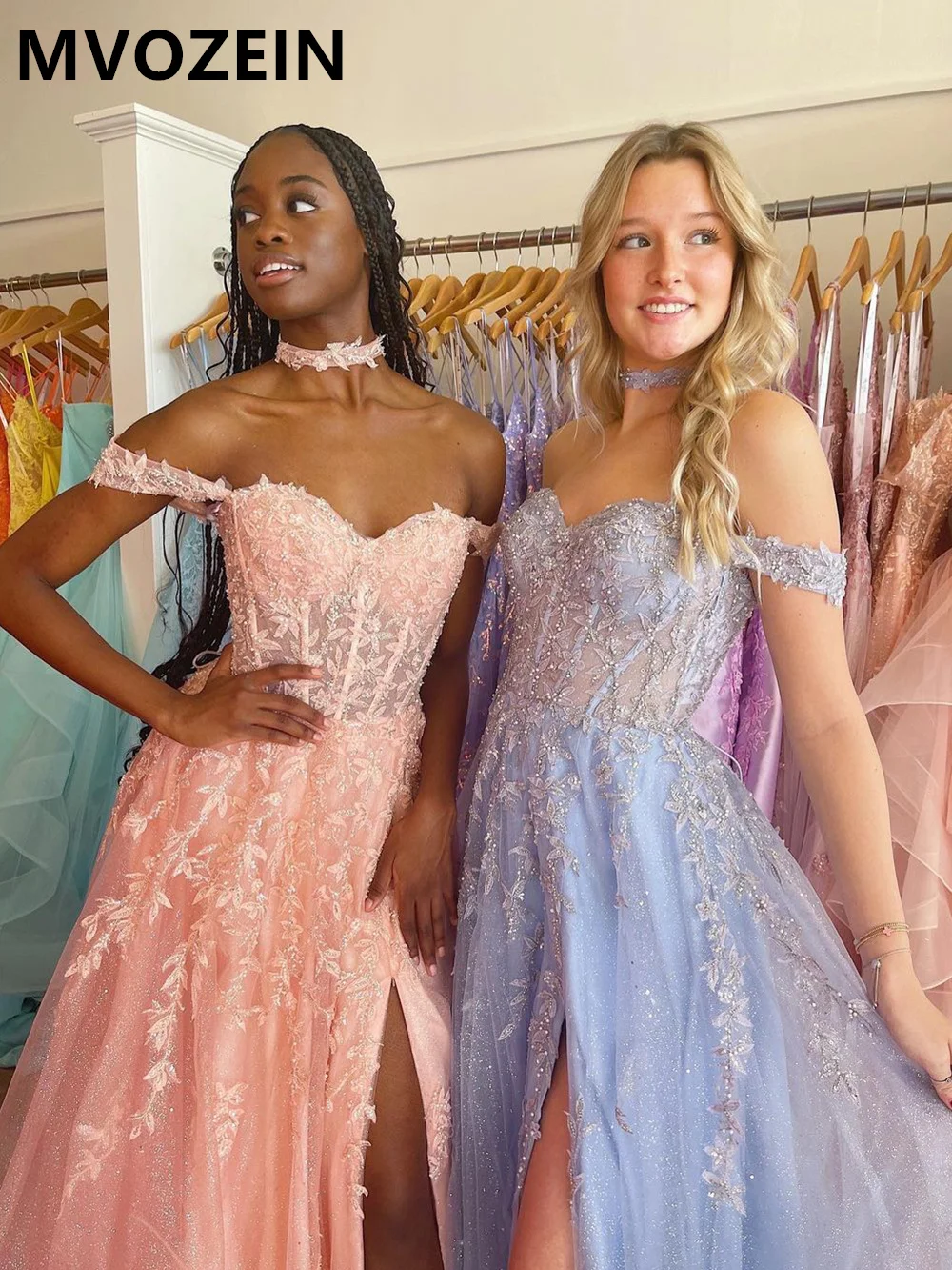 Prom Dress for Black Girl Youthful Off The Shoulder A-Line Split Tulle Lace Party Dresses Evening Dress 2023