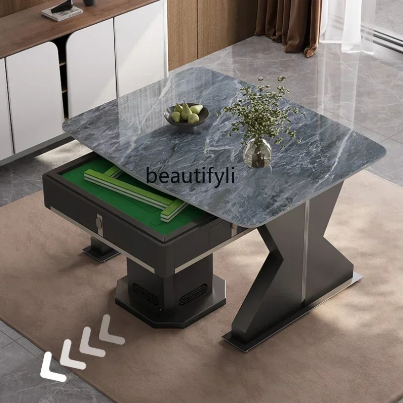 

pgRock slab dining table mahjong table integrated household induction cooker automatic mahjong machine with fire