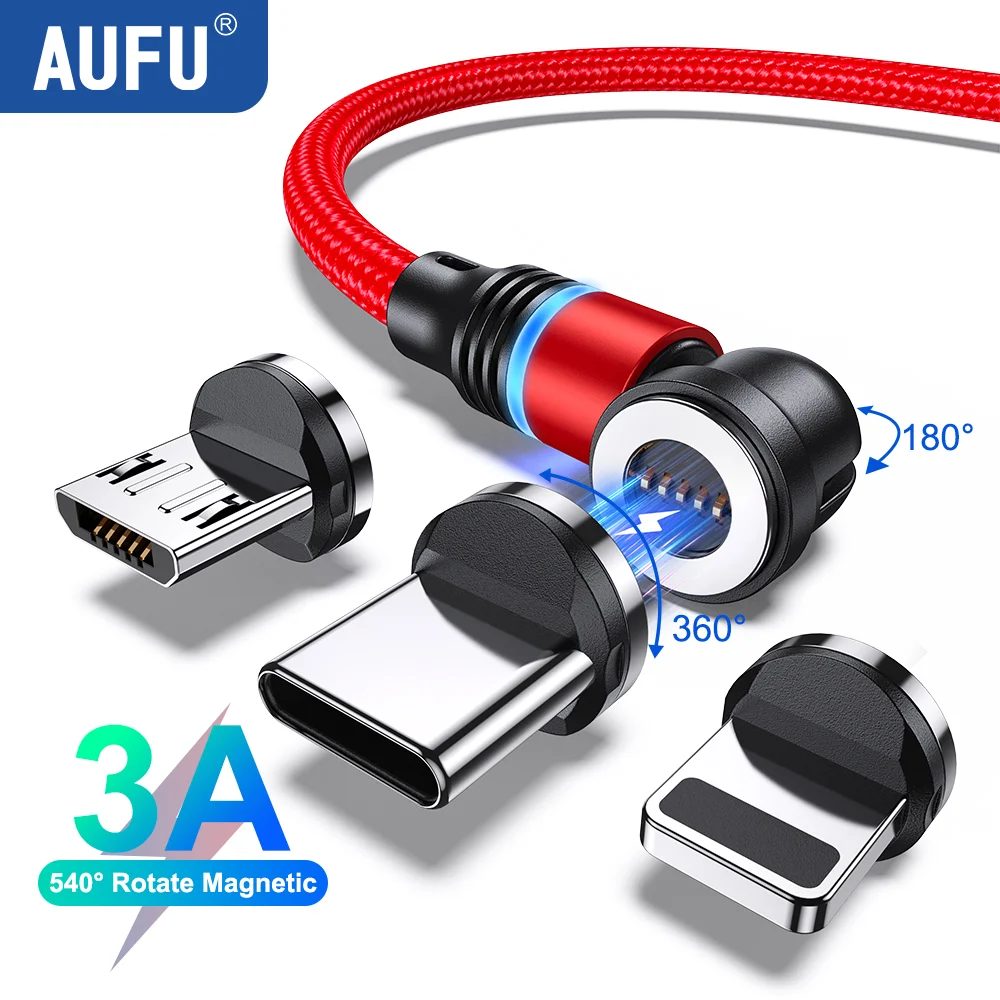 AUFU 540 Rotate Magnetic USB C Cable For Xiaomi IPhone 14 13 Pro Max 3A Fast Charging Wire Micro USB Magnet Charger For Samsung